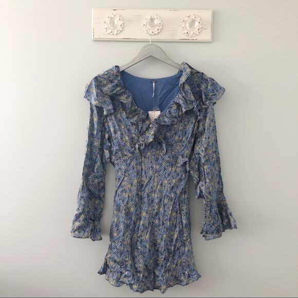 Free People Sweetest Thing Long Sleeve V Neck Dress Blue Floral NEW - Picture 2 of 10